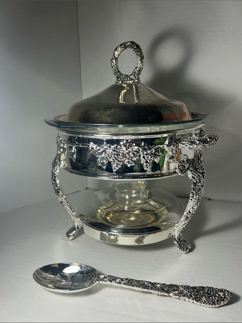 Silver Floral-Accent Glass Chafing Dish with Lid and Spoon